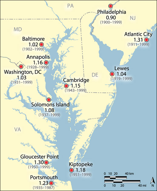 map showing sea level rise in Maryland