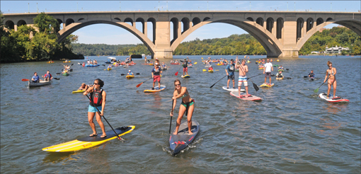 The Potomac Riverkeeper and the Water Keeper Alliance (above) staged a river rally near Key Bridge to celebrate the 40th anniversary of the Clean Water Act. Credit: Alan Lehman