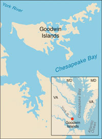 Goodwin Island detail map, Google Maps, adapted by Sandy Rodgers; inset Bay map, iStockphoto.com/University of Texas Map Library.