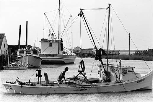 An oysterman heads out of Smith Island on a patent tonging worksboat. Photograph by Skip Brown